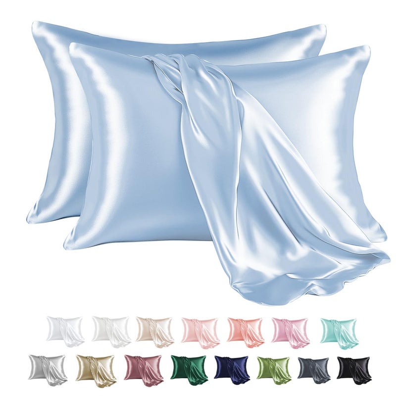 MR&HM Satin Pillowcase for Hair and Skin, Silk Satin Pillowcase 2 Pack, Queen Size Pillow Cases Set of 2, Silky Pillow Cover with Envelope Closure (20x30, Light Blue) - Image 1